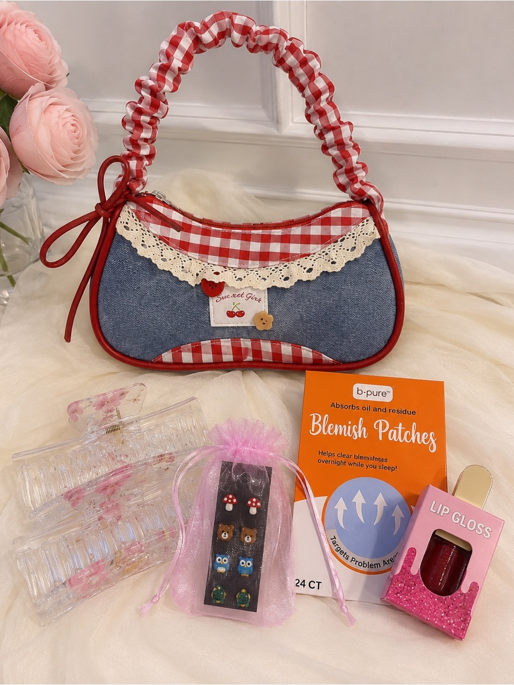 Red Gingham Shoulder Bag with Denim and Lace Accent - Picture 2 of 2